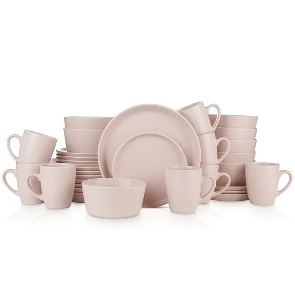 Stone Lain Albie Rustic Stoneware Dish Set, 32-Piece Round Dishes for 8, Pink