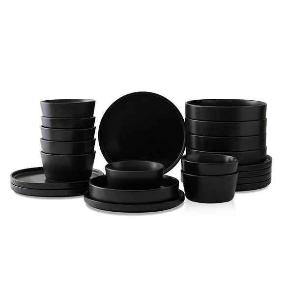 Stone Lain Celina 24-Piece Dinnerware Set Stoneware, Dinner and Cereal Bowls, Black