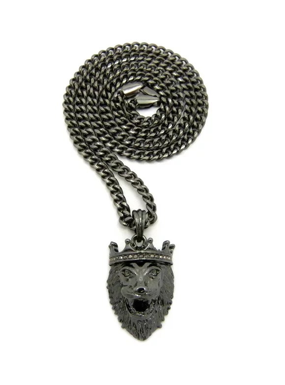 Stone Stud King Lion Pendant with Chain Necklace - 5mm 24" Hematite-Tone Cuban Chain