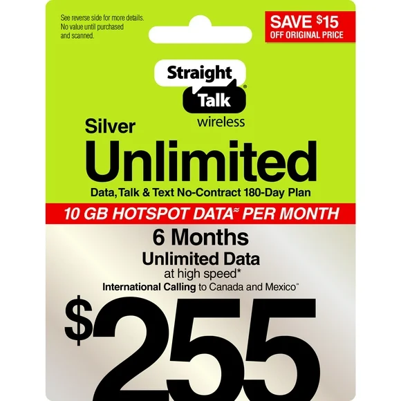 Straight Talk $255 Silver Unlimited Talk, Text & Data 180-Day Prepaid Plan + 10GB Hotspot Data + Int'l Calling Direct Top Up