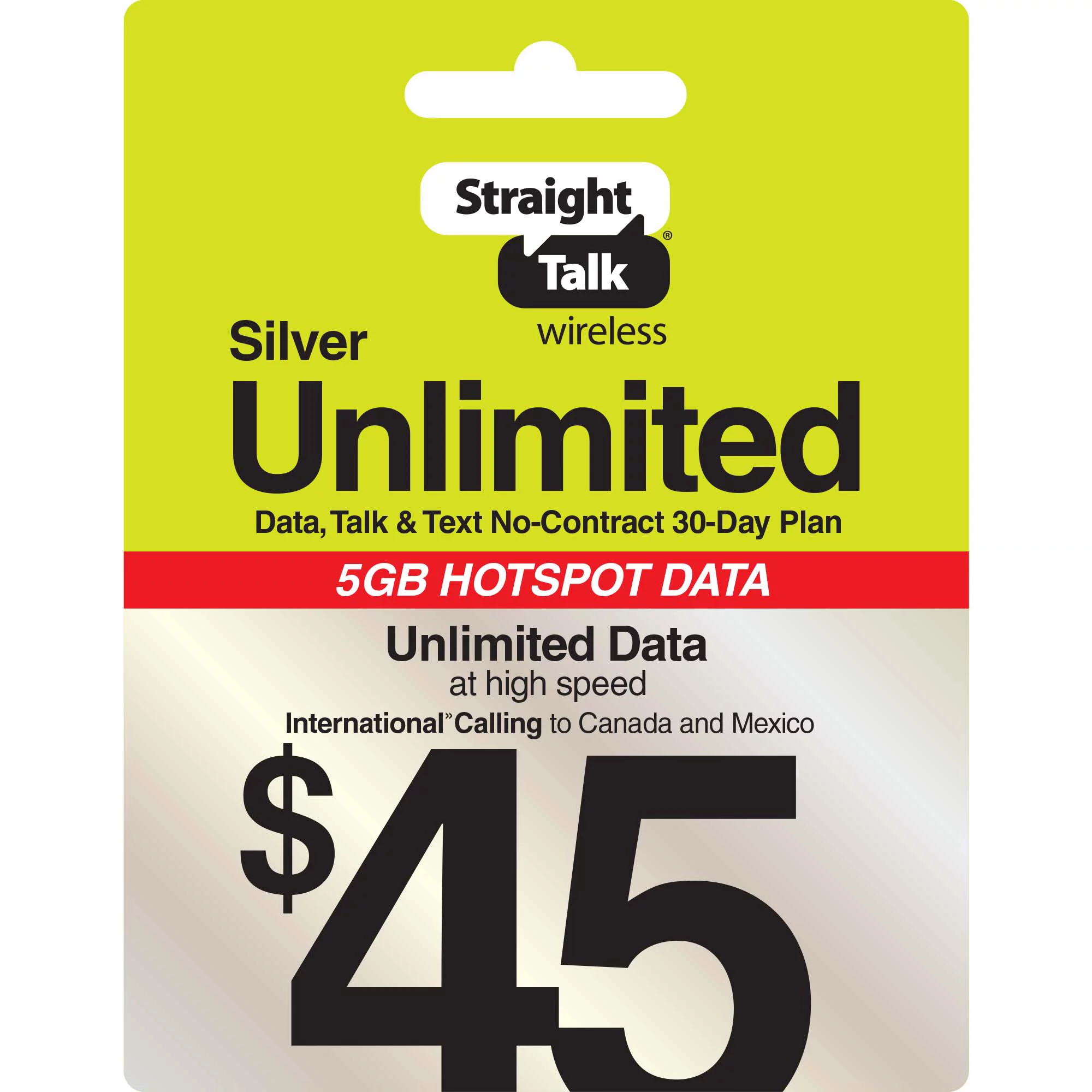 Straight Talk $45 Silver Unlimited 30-Day Prepaid Plan + 10GB Hotspot Data + Int'l Calling Direct Top Up