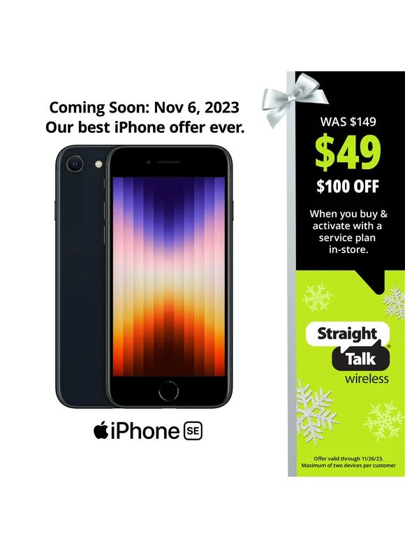 Straight Talk Apple iPhone SE (2022-3rd Gen) 5G, 64GB, Midnight- Prepaid Smartphone [Locked to Straight Talk]