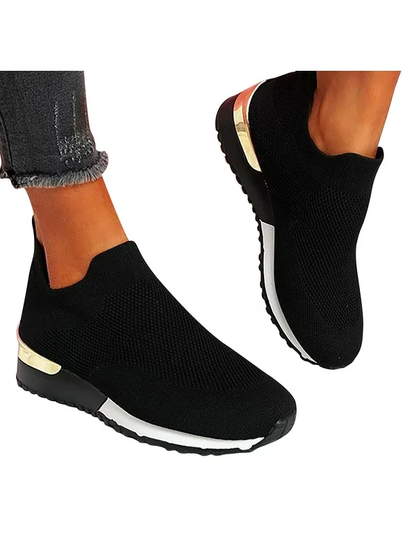 Summer Saving Clearance! Kukoosong Sneakers for Women,Stretch Cloth Plus Size Spring Summer Comfy Casual Walking Running Sports Shoes,Solid Slip on Non Slip Shoes for Women Food Service Black 7.5