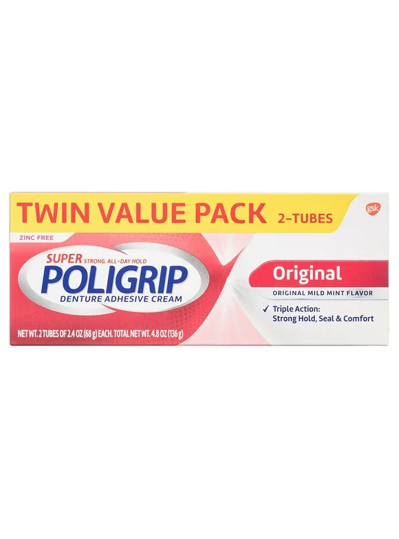 Super Poligrip Original Denture and Partials Adhesive Cream, 2.4 oz, 2 Pack