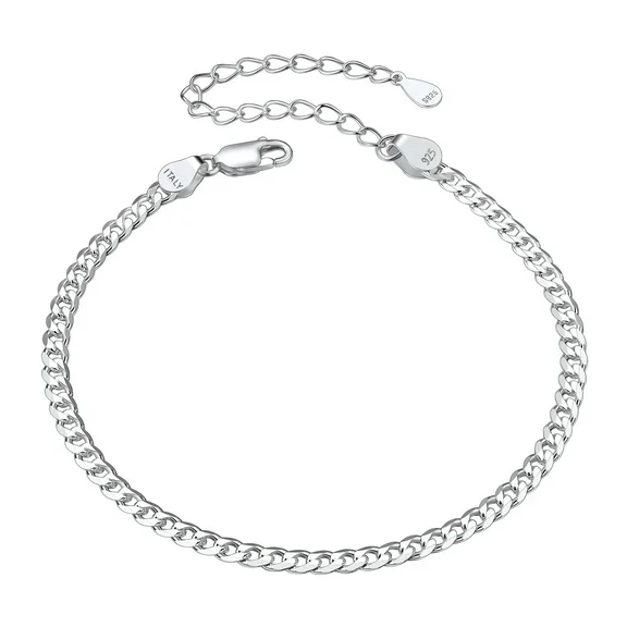 Suplight 3mm 925 Sterling Silver Flat Curb Cuban Link Chain Bracelet, Adjustable Dainty Bracelet for Women Girls 6.3"+2" Long