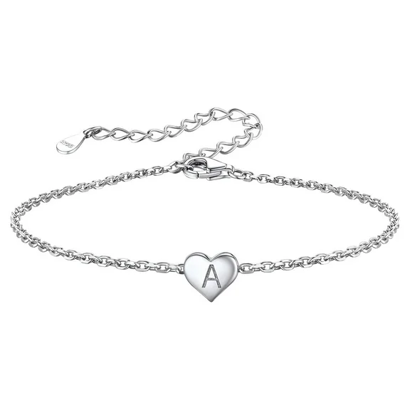 Suplight 925 Sterling Silver Adjustable Letter A Initial Heart Chain Charm Bracelet for Women Girls