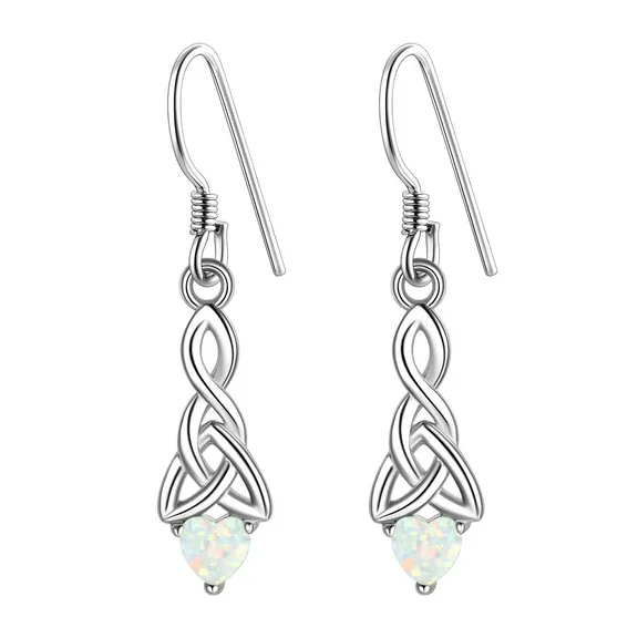 Suplight 925 Sterling Silver Dainty Celtic Knot Heart Fire Opal Dangle Earrings, Irish Celtic Jewelry for Women Girls