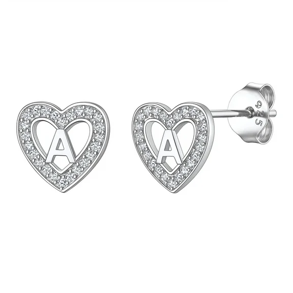 Suplight 925 Sterling Silver Heart Initial Earrings CZ Letter Earrings for Women Girls Jewelry Gift