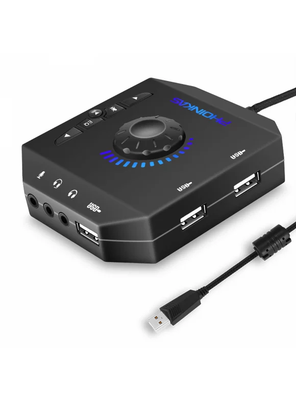 T10 External Sound Card, PHOINIKAS USB Audio Adapter for PC Windows, Mac, Linux, Laptops, Desktops, Stereo Sound Card with 3.5mm Interface & USB Interface, Volume Control, Plug & Play (6-in-1, Black)