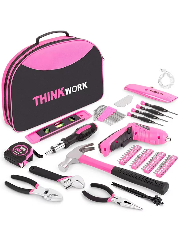 THINKWORK 122-Piece Pink Tool Kit with 3.6V Rotatable Electric Screwdriver-Ladies Home Work Kit