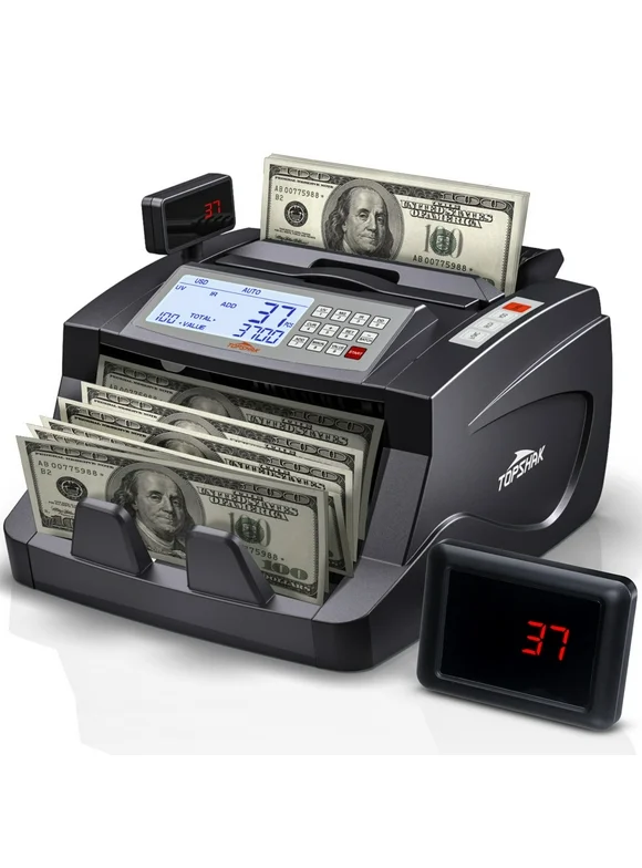 TOPSHAK Professional Multiple Currencies Money Counter Machine, 3 Screen Display, UV/MG/IR/DD/MT Counterfeit Detection Bill Counter, Multi Cash Processing Mode Portable Currency Money Counter