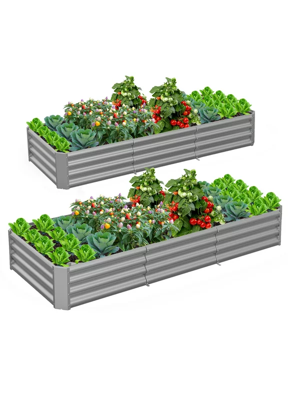 TRAMULL 2 Pack 8x3x1ft Metal Galvanized Raised Garden Bed for Vegetables Flowers Ground Planter Box (Gray)