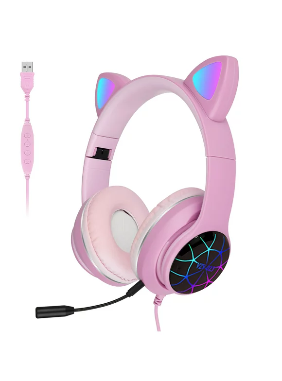 TSV Wired Cat Ear Gaming Headset for PC, PS4, Xbox One, Girls, Kids Over-Ear Headphones with Microphone Detachable, Foldable RGB LED USB Headphones for Girlfriends, Tablet, PS5, Nintendo Switch, Mac