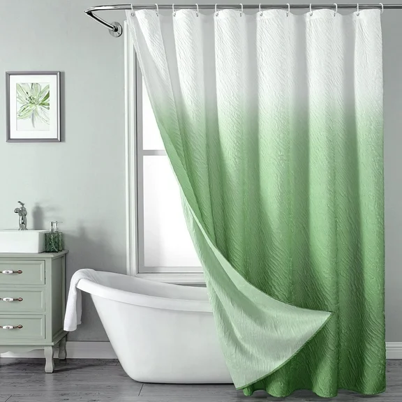 Textured Ombre Shower Curtain for Bathroom, 3D Embossed Ruffle Waterproof Shower Curtain, Fabric Farmhouse Style with 12 Hooks Set, 72x72 inch, Sage Green