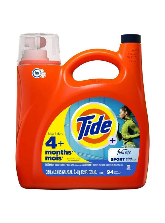 Tide Plus Febreze Sport Odor Defense HE Turbo Clean Liquid Laundry Detergent, 132 fl oz, 94 Loads