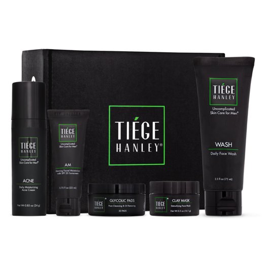 Tiege Hanley Acne Treatment for Men, Level 3 System - Facial Acne Treatment Set Includes Morning Facial Moisturizer, Acne Cream, Face Wash, Charcoal Clay Mask & Glycolic Pads - All Skin Types