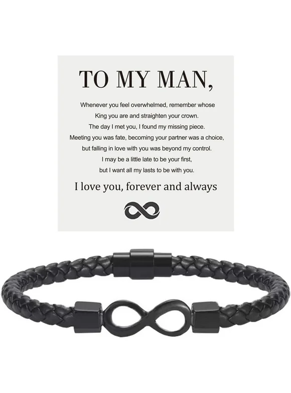 To My Man, Infinity Leather Bracelet Husband Gifts from Wife I Love You Forever and Always Bracelet Boyfriend Anniversary Birthday Christmas Fathers Gifts for Men