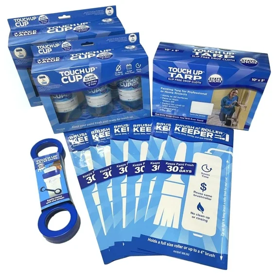 Touch Up Cup Painting Kit - 6 Touch Up Cups, 1 Touch Up Tarp, 1 Roller Saver, 6 Brush Roller Keepers