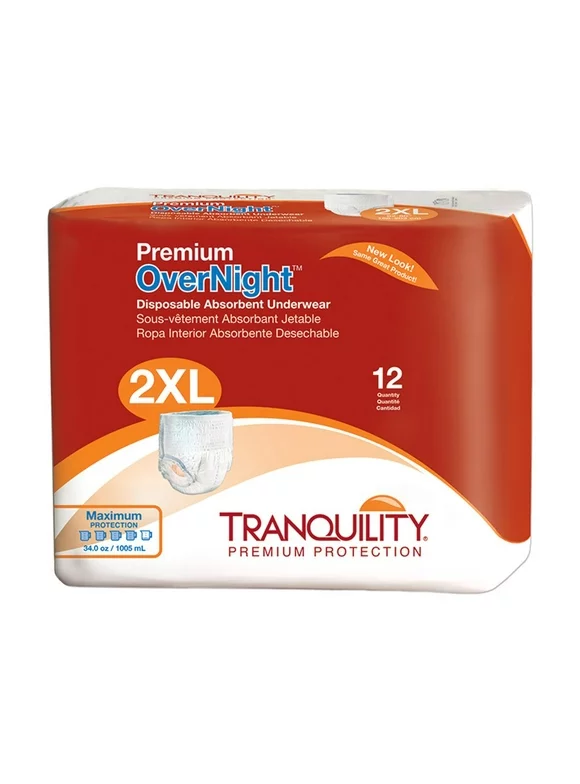 Tranquility Premium OverNight Disposable Absorbent Underwear, 2X-Large, Maximum Protection, 12 ct Bag