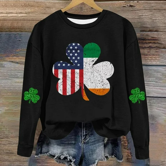 TrendVibe365 Shamrock Sweatshirt Ladies St Patricks Day Ireland Flag American Flag Shamrock Sweater Paddys Day Gifts Tops Crew Neck Holiday Tshirts Long Sleeve Pullovers Cute Ethnic Tops