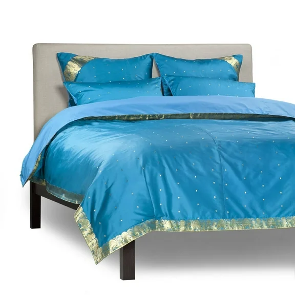 Turquoise-5 Piece  Sari Duvet Cover Set w/ Pillow Covers/Euro Sham-King