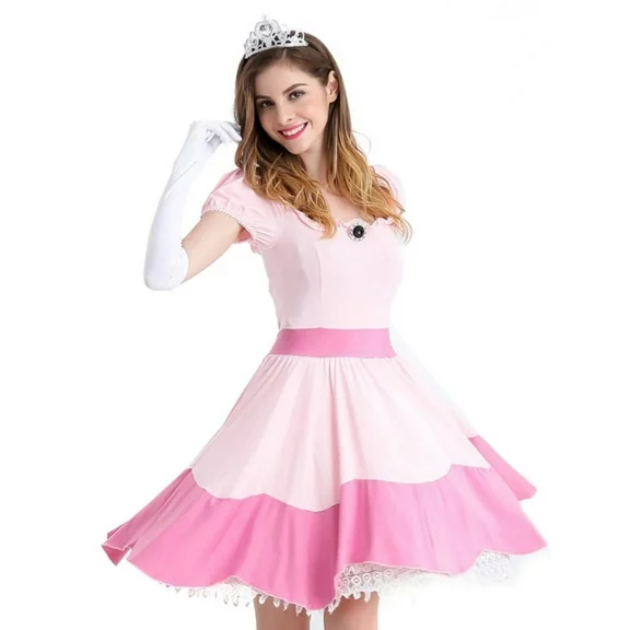 Tutu Dreams Peach Princess Dress Womens Square Neck Princess Dress With Crown and Gloves
