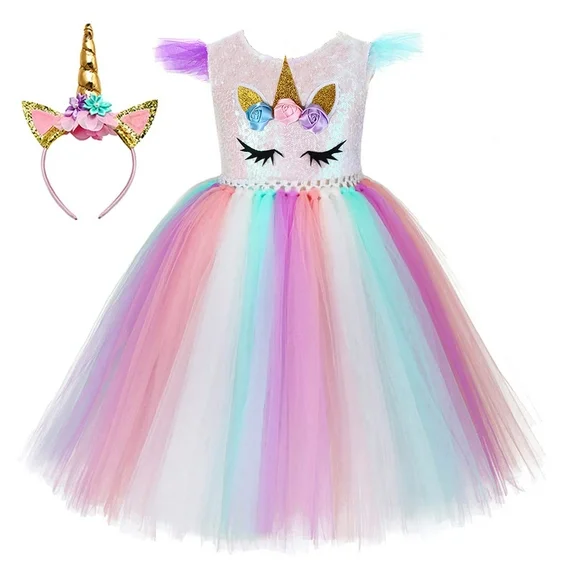 Tutu Dreams Unicorn Costume for Girls 3-10 Years Halloween Sequin Birthday Princess Tutu Dress up Clothes with Headband