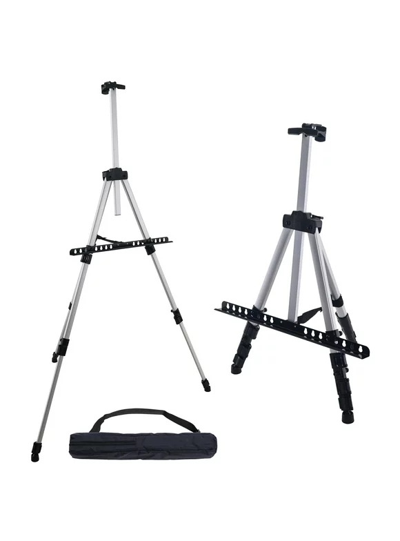 U.S. Art Supply 66" Silver Aluminum Tripod Artist Field and Display Easel Stand - Adjustable, Holds 32" Canvas, Tabletop