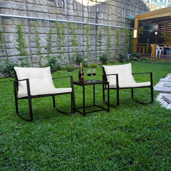 UBesGoo 3 Piece Rocking Bistro Set Wicker Patio Outdoor Furniture, Rattan Furniture Set for Garden, Poolside, Deck Yard, Lawn
