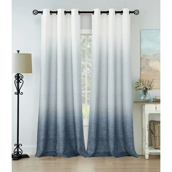 Uptown Home Ombre Indigo Blue White Filtering Light Window Curtain Panels for Bedroom Linen Gradient Print Grommet Drapes for Living Room, 40"x63"x2