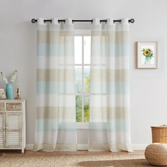 Uptown Home Tan and Spa Blue Stripe Color Block Window Sheer Curtain Panel for Living Room Linen Texture Farmhouse Grommets Drapes, 40"x63"x2