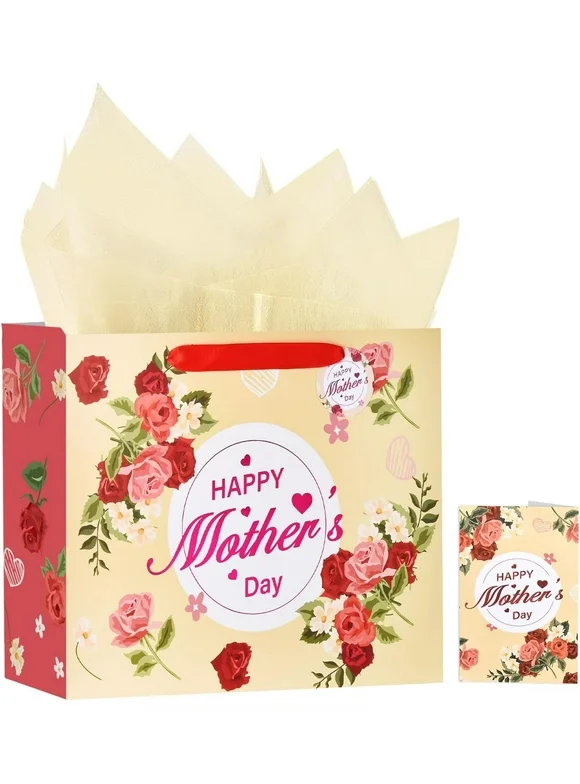 Usmilegift 13" Mother's Day Gift Bags with Greeting Card and Tissue Paper for Moms, Grandmas, Nanas, Mom Squads,Floral Patterns
