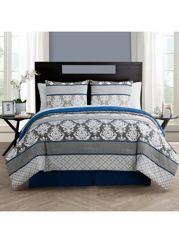 VCNY Home Beckham 8-Piece Blue Damask Bed in a Bag, Queen, Adult, Unisex