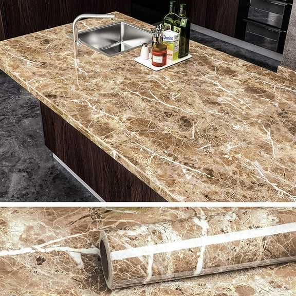 VEELIKE Faux Marble Counter Top Covers Peel and Stick Wallpaper Granite Contact Paper Decorative Kitchen Wall Paper Brown Waterproof Self Adhesive Removable Wallpaper for Cabinet Locker 15.7inx354in