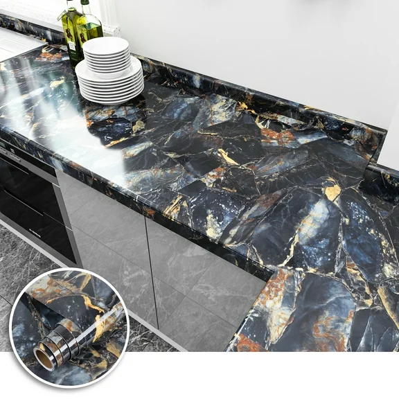 VEELIKE Navy Blue Marble Contact Paper 15.7''x118'' Self-Adhesive Glossy Granite Wallpaper Peel and Stick Removable for Cabinets Countertops Kitchen Decorative Waterproof for Furniture Home Bedroom