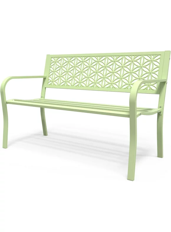 VINGLI 2-3 People Outdoor Bench Metal Waterproof Frame with Beautiful Floral Back, Comfortable Loveseat for Garden Porch Yard Patio Entryway Park Outside, Green