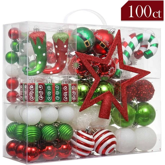 Valery Madelyn 100ct Delightful Elf Christmas Ball Ornaments, Red Green White Shatterproof Christmas Tree Ornaments, Christmas Value Pack for Xmas Decoration