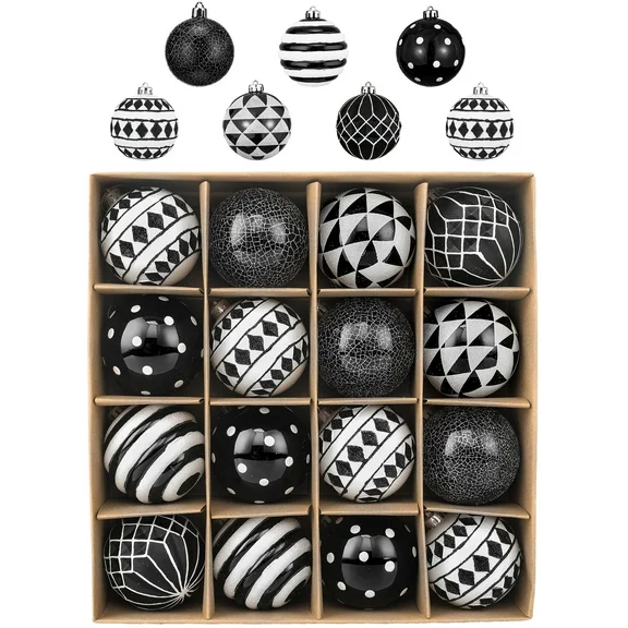 Valery Madelyn 16ct 3.15 Inches Christmas Ornaments Set, Black and White Shatterproof Christmas Tree Decorations Ball Ornaments Bulk, Modern Hanging Ornaments for Xmas Trees Holiday Decor
