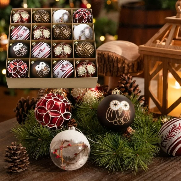 Valery Madelyn 16ct 3.15 inches Christmas Ball Ornaments, Red White Copper Shatterproof Assorted Christmas Tree Decorations Set, Rustic Hanging Ball Ornaments Bulk for Xmas Holiday Decor
