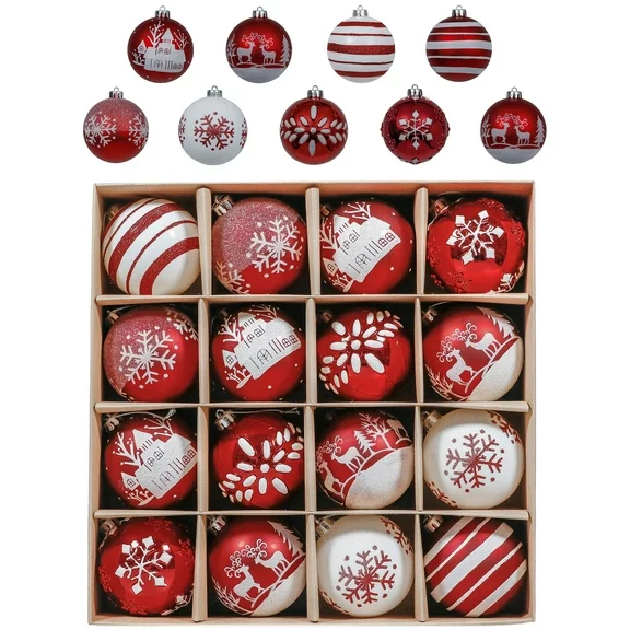 Valery Madelyn 16ct 3.15 inches Christmas Ball Ornaments, Red and White Shatterproof Christmas Tree Decorations Set, Traditional Decorative Hanging Ball Ornaments Bulk for Xmas Holiday Party Decor