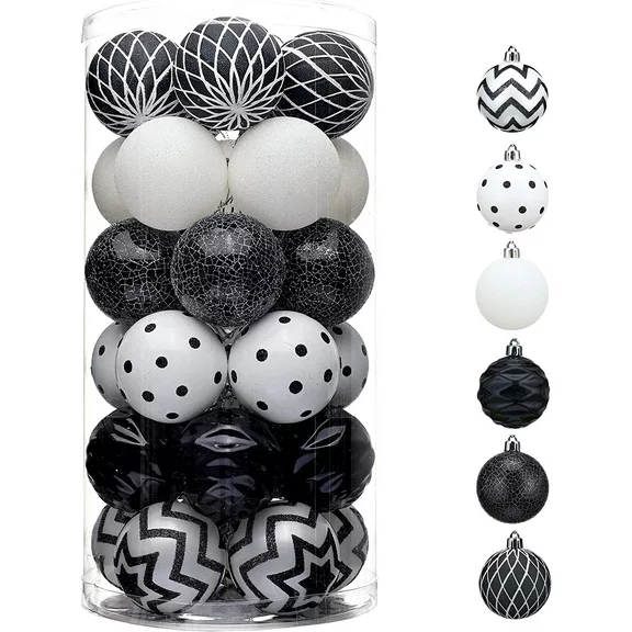 Valery Madelyn 30ct 2.36 Inches Christmas Ornaments Set, Black and White Shatterproof Christmas Tree Decorations Ball Ornaments Bulk, Modern Hanging Ornaments for Xmas Trees Holiday Decor