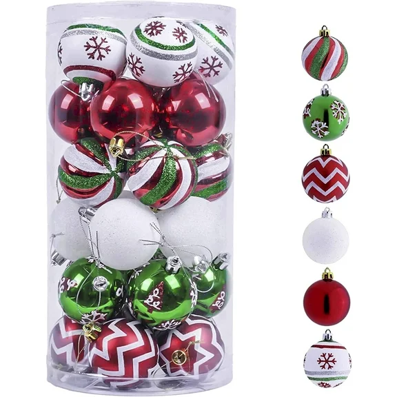 Valery Madelyn 30ct 2.36 inches Classic Collection Splendor Red Green White Christmas Ball Ornaments, Shatterproof Christmas Tree Ornaments Hanging Bauble for Xmas Decoration