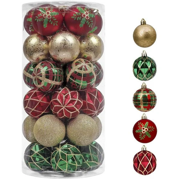 Valery Madelyn 30ct 2.36 inches Traditional Red Green Gold Christmas Ball Ornaments, Shatterproof Christmas Tree Ornaments Hanging Bauble for Xmas Decoration