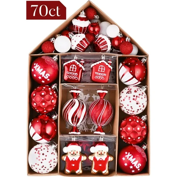 Valery Madelyn 70ct Sweet Candy Red and White Christmas Ball Ornaments, Shatterproof Assorted Christmas Tree Ornaments Value Pack for Xmas Decoration