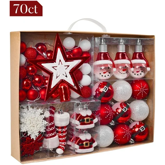 Valery Madelyn Christmas Tree Ornaments, 70ct Red and White Shatterproof Christmas Tree Decorations Set, Traditional Red and Silver Decorative Hanging Ball Ornaments Bulk for Xmas Holiday Party Decor