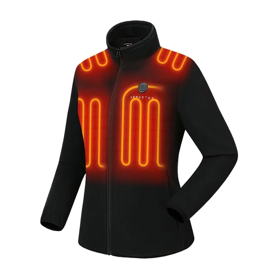 Venustas Fleece Heated Jacket for Women, Battery Pack 7.4V, 5 Heating Zones Coat, Premium Zippers (Black,M)