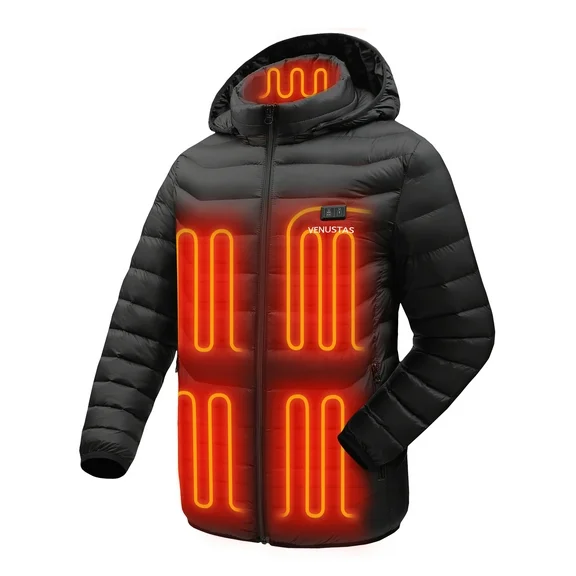 Venustas Heated Jacket with Battery Pack 7.4V, Heated Coat for Women and Men, 6 Heat Zones, Detachable Hood (M)