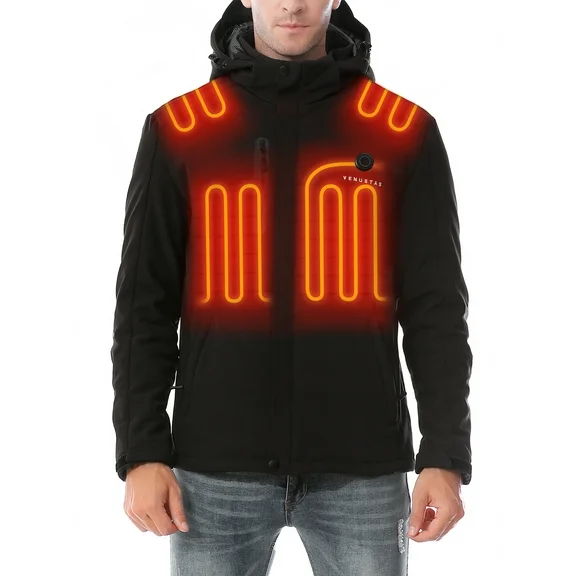 Venustas Men's Heated Jacket with Battery Pack 7.4V, Windproof Detachable Hood (Black, M)