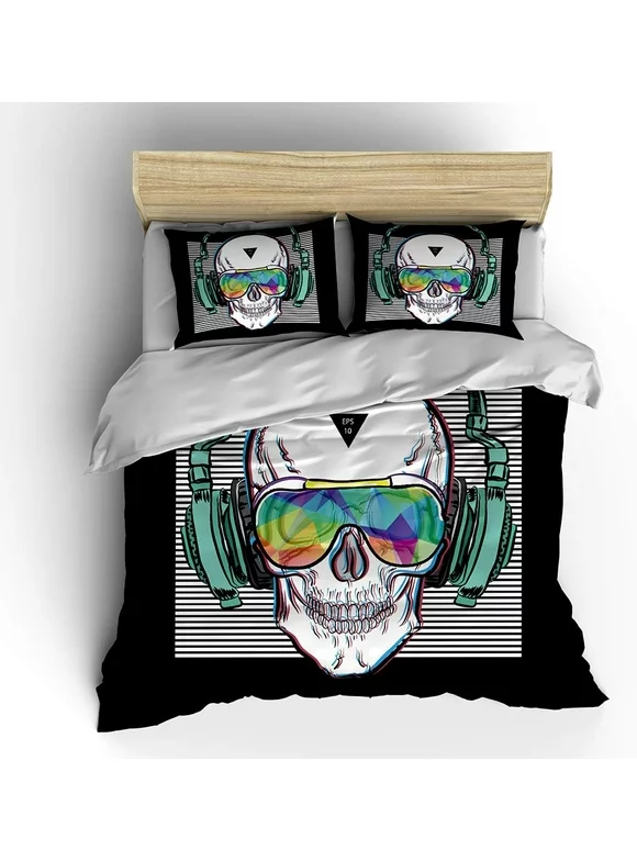 Vichonne Music Skull Comforter Sets Twin Size Boys Girls Punk Rocker Skeleton Printed Soft Warm Bedding for All Season