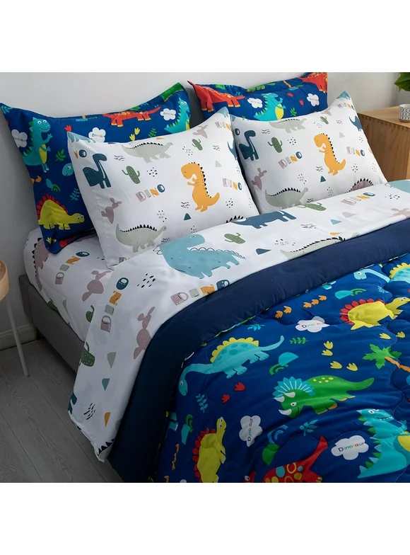 Wajade Kid Boys Comforter Set 7 Piece Bed in a Bag Bedding Set -3D Blue Dinosaur Wild Park Jungle Print Bedding Set with Comforter, Sheet Set, Pillowcase and Sham, Twin Size